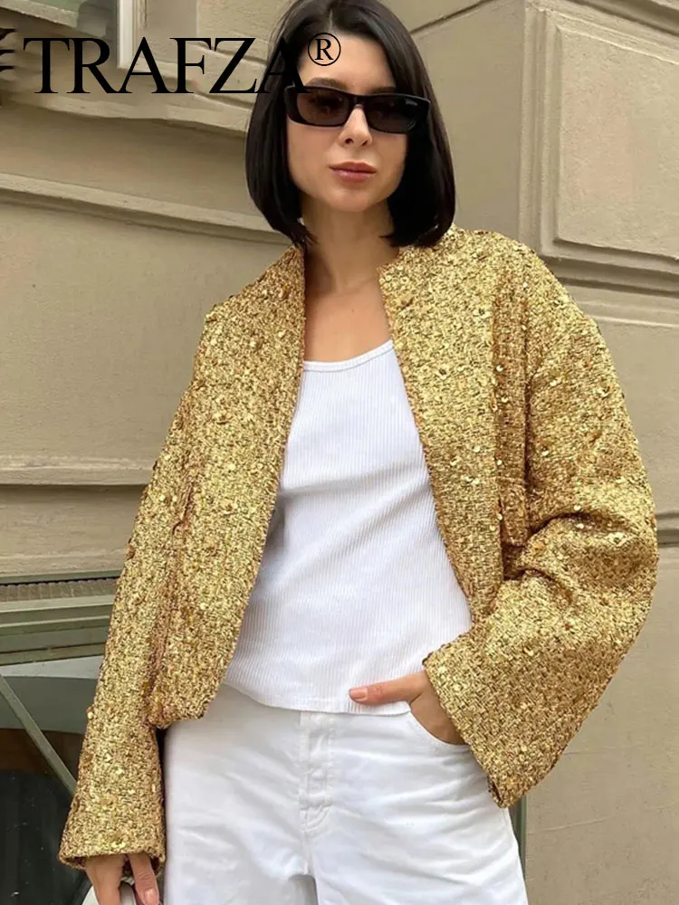 

TRAFZA Gold Jacket For Women Fashion Vintage Sequin Coat Stand Collar Long Sleeve Jackets Autumn Female Elegant High Street Wear