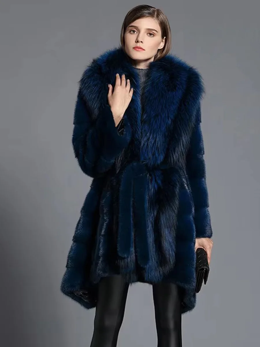 HDHOHR 2026 Nuevo Abrigo de Piel de Visón Natural para Mujer, Abrigo de Piel de Visón Real con Pelo de Zorro Grande, Elegante Chaqueta Azul de Invierno Cálida de Alta Calidad para Mujer