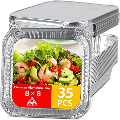 8x8 Aluminum Foil Pans with Aluminum Lid, 35 Pack Disposable Trays Half Size Heavy Duty Tin Pans Deep Food Containers For Cooking, Meal Prep, Baking, Roasting, Chafing, Heating or Steam Table