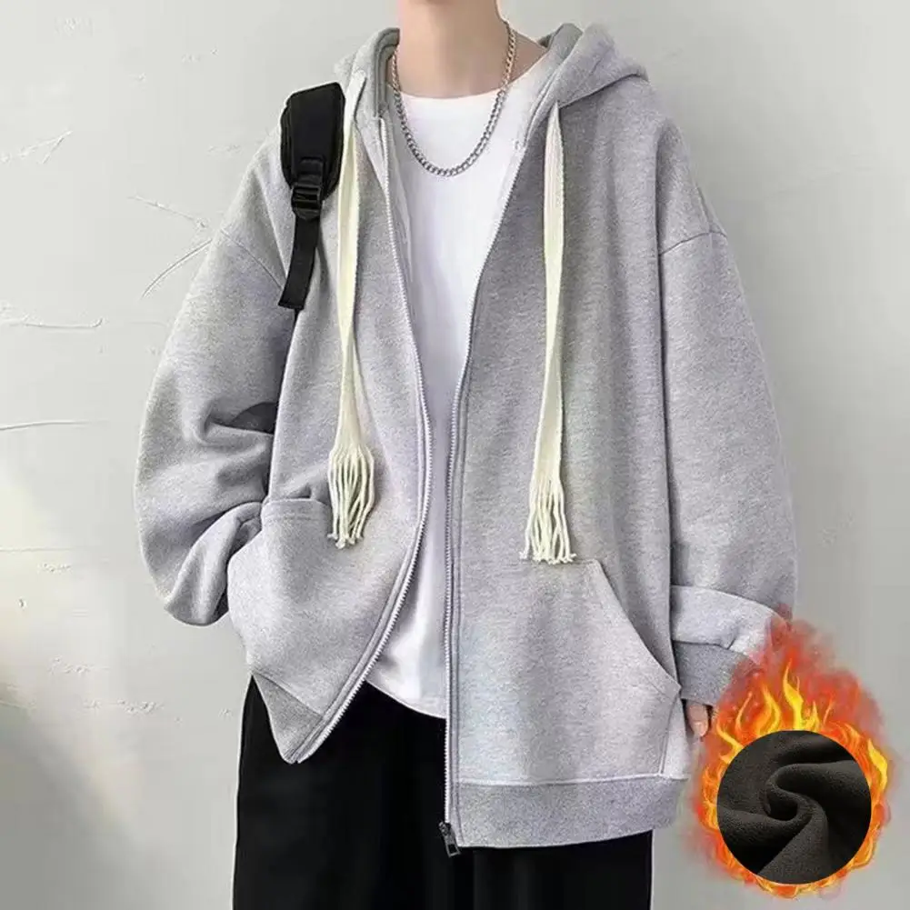 

Men Hoodie Solid Color Winter Coat Stylish Men's Fleece-lined Hoodie Cozy Autumn/winter Coat with Zipper Placket Pocket