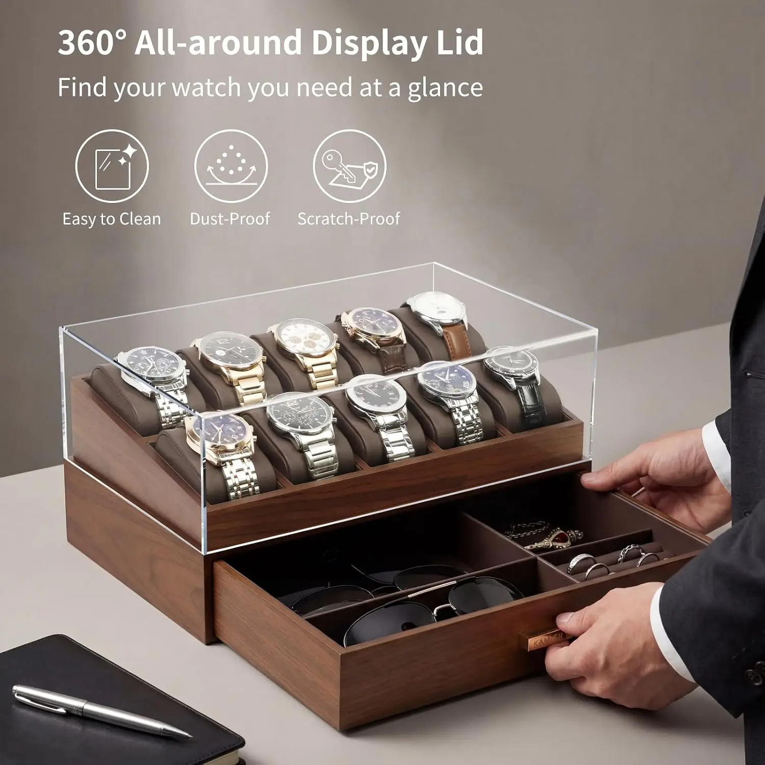 Watch Organizer Storage Case Display Glass Lid Drawer Double Layer Ten Slot Walnut
