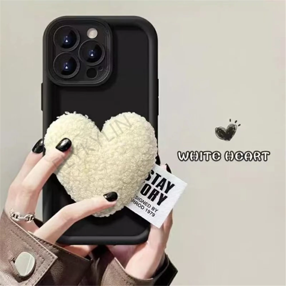 3D Plush Love Heart Phone Case For iPhone 16 15 14 13 12 11 Pro Max X XS Max XR 7 8 Plus SE 2020 Soft Silicone Shockproof Cover