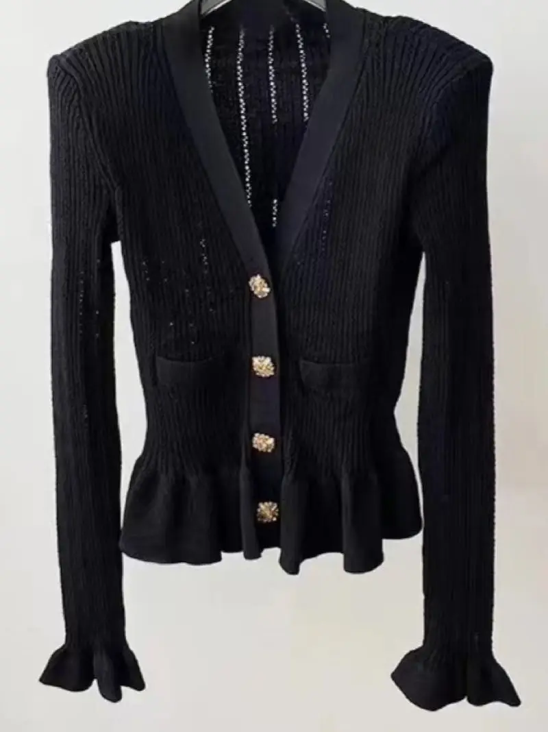 Women Black Knitted Cardigan Ruffles Spliced Long Sleeve Single Breasted V-Neck Slim Elegant Autumn 2024 Sweater