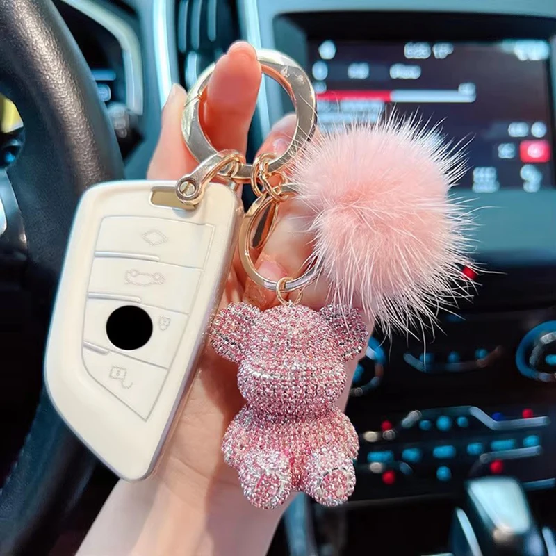 New Fashion Full Diamond Sitting Bear Key Chain Creative Mink Hair Car Key Chain Cute Bag Pendant Gift