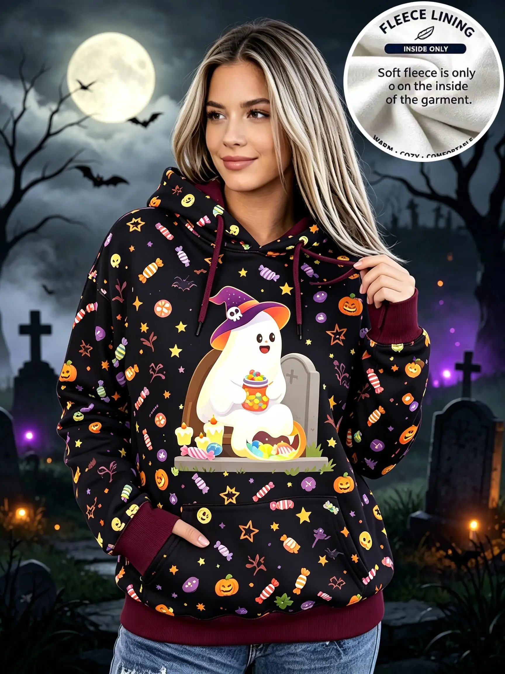 Sudadera con capucha de forro polar para mujer, con estampado de Halloween: fantasma, sombrero de bruja, caramelos, lápida, calabaza y estrellas. Disponible en negro y burdeos, con puños y bolsillos.