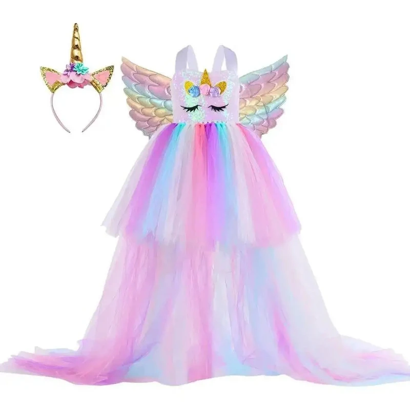 Girl's Pastel Shimmering Unicorn Tulle Skirt Children's Halloween Carnival Unicorn Costume Party Ballet Dress Long-Tailed Wings