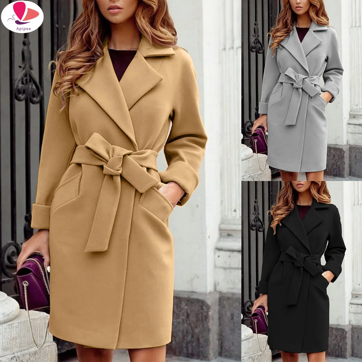 

APIPEE Elegant Notched Collar Belt Woolen Coats Women 2024 Autumn Winter Solid Color Slim Pockets Medium Length Outerwear