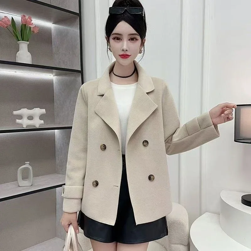 Women 2026 Fall Winter Short Double Faced Wool Coat Loose Double Breasted Petite Friendly Fashion Jacket