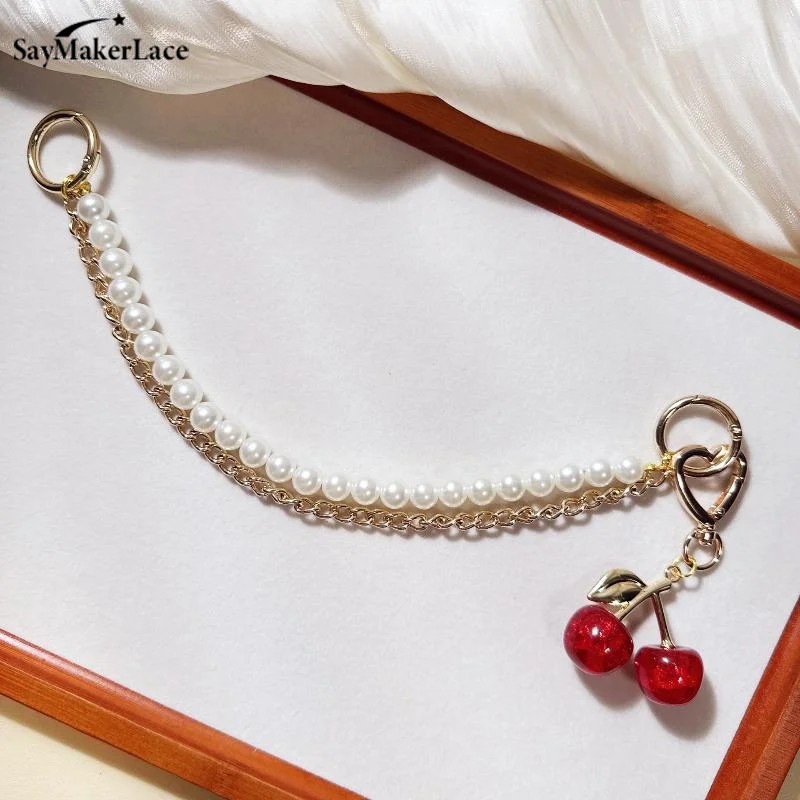 1/2 Uds. Llavero de encaje de cereza y perlas a la moda, cadena para bolso, cuerda trenzada, llaveros de moda para mochila, accesorios colgantes