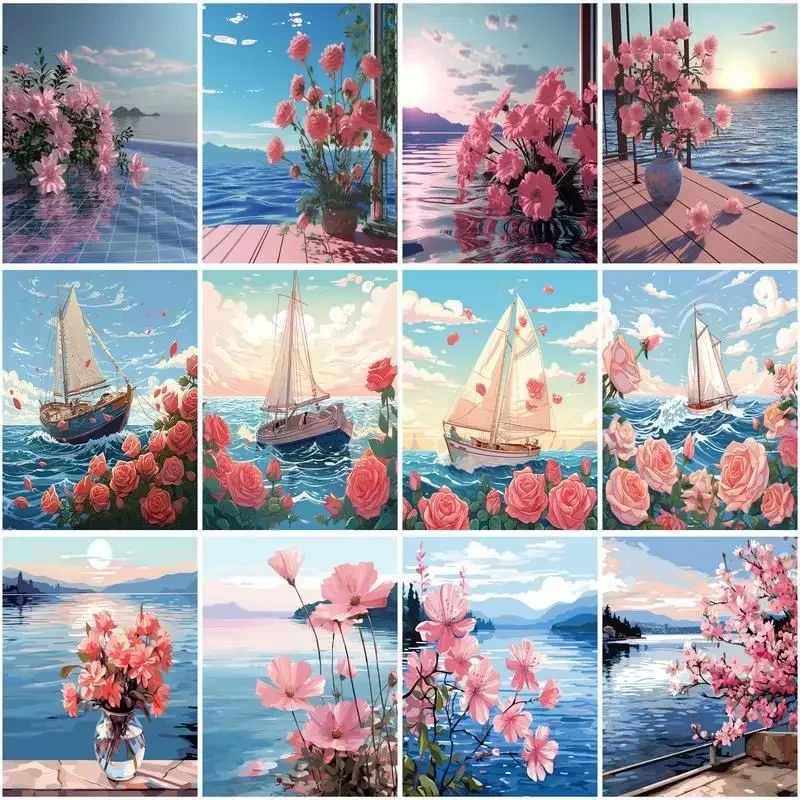 

582059 Painting By Number Pink Rose For Adults Picture By Numbers Ocean scenery Acrylic Paint Home Decoration DIY Gift