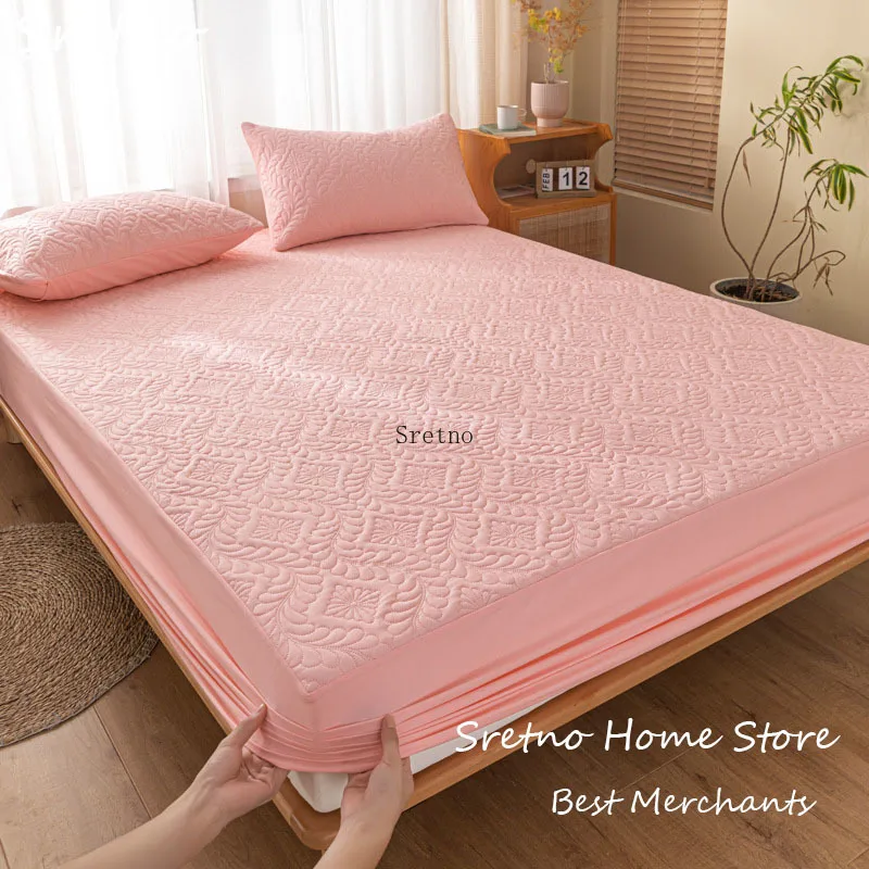 

SRETNO New Waterproof Mattress Protector Covers Polyester Cotton Blend Bed Fitted Sheet Cover with 2 Pillowcases cubre colchon