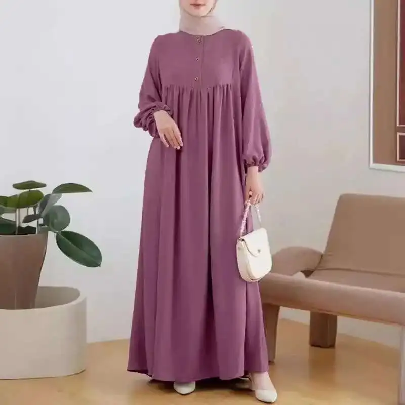 

2025 Muslim Women's Robe Spring and Autumn Fashion Casual Bubble Sleeve Simple Solid Color Dress Dubai Luxury Islam Elegant