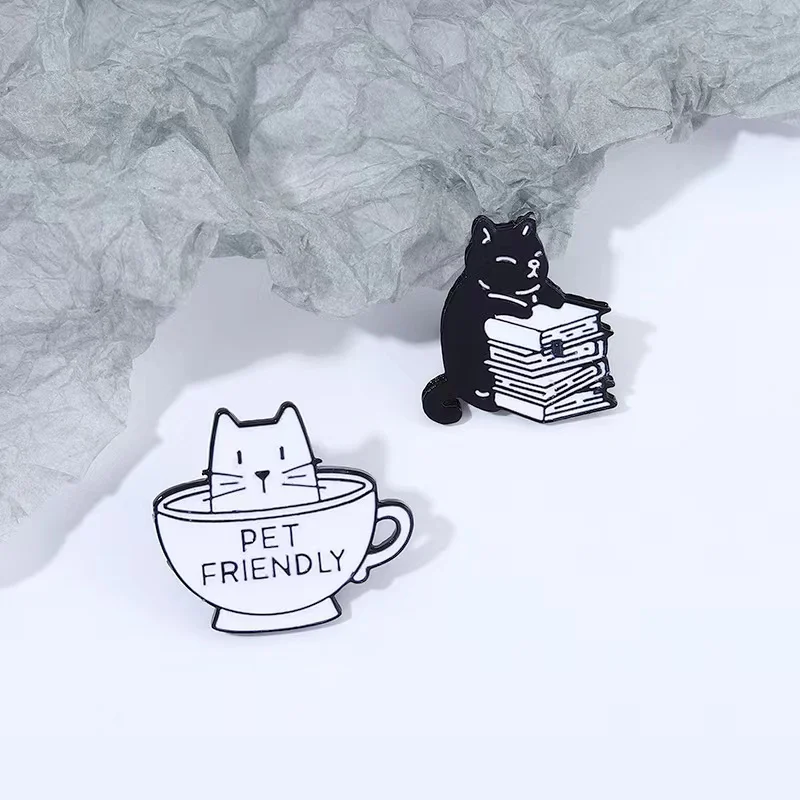 Black and White Animals Enamel Pins Custom Cute Cat Book Cup Sleep on Bag Mat Badges Lapel Jewelry Gifts For Friends Wholesale