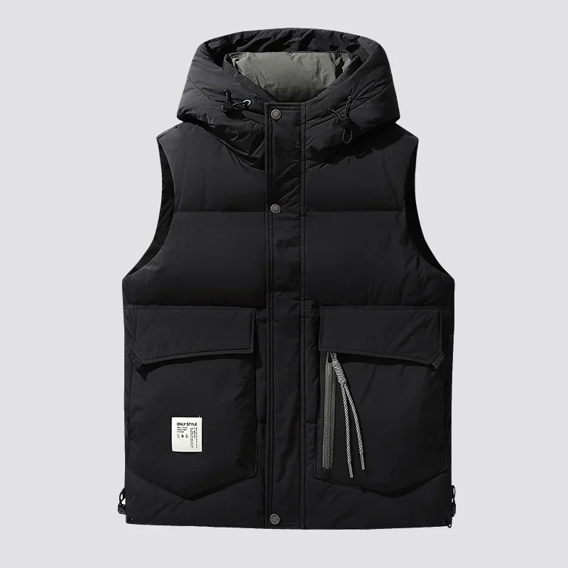 Men's Sleeveless Jacket Autumn Winter Solid Color Big Pocket Thickened Warm Outdoor Hooded Sports Coat Men Waterproof Down Vest