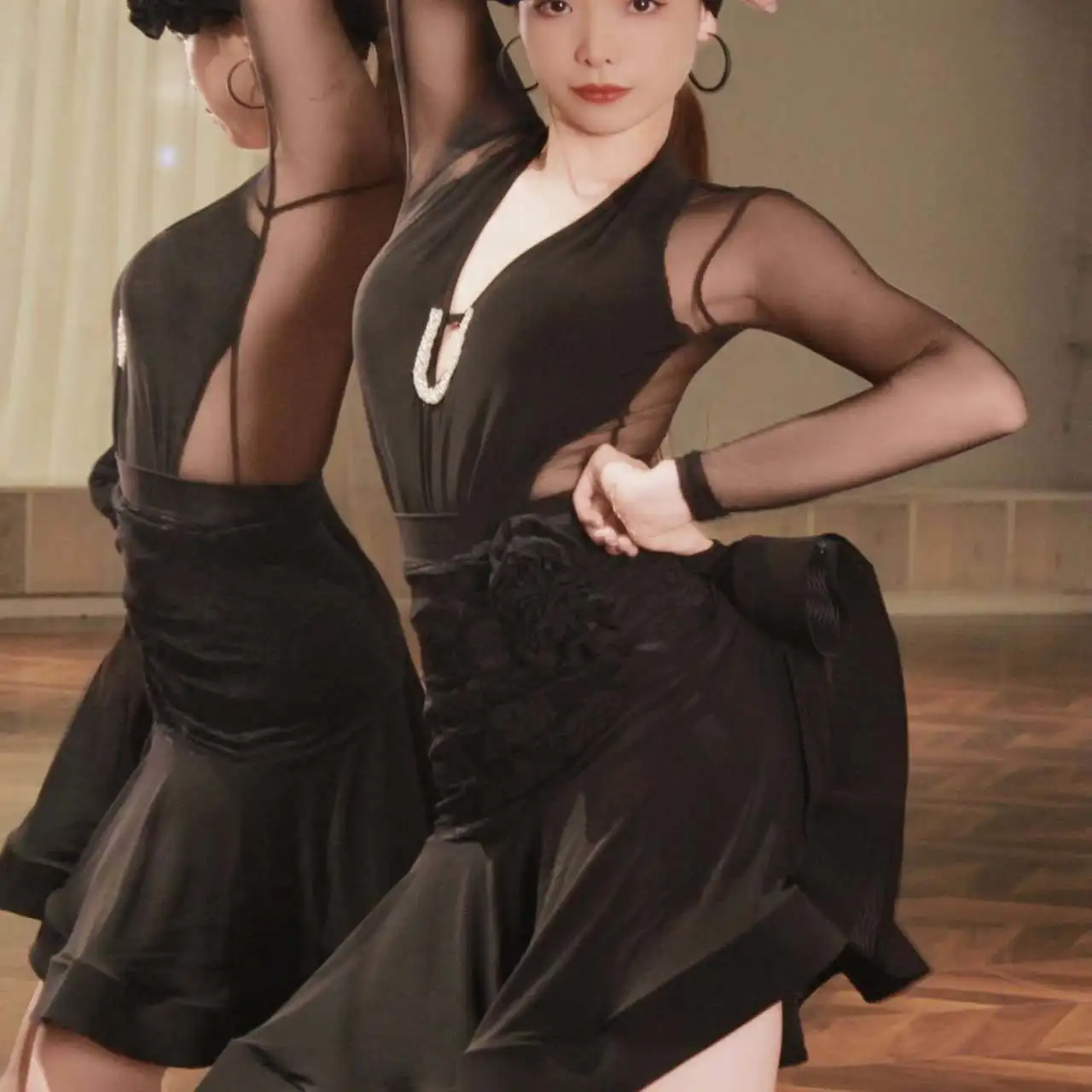 英国ラテンダンスドレス レディース メッシュ長袖トップス ボーン入りスカートセット パフォーマンス練習用 ボールルームダンス衣装