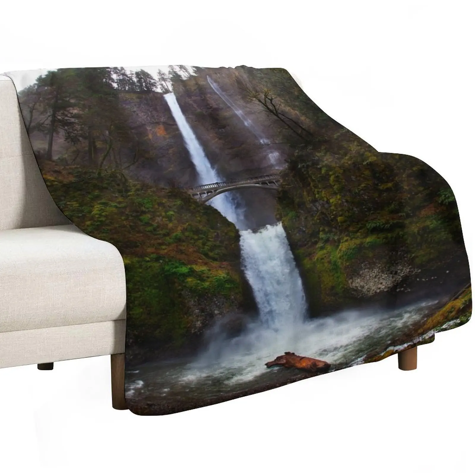 

Multnomah Falls Oregon - Woodland Waterfall Throw Blanket Sofas Flannel Fabric Flannel Travel Blankets