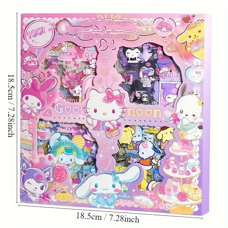 Hello Kitty Sanrio Non-Repeating 100-Piece Sticker Set Cinnamoroll Kuromi Waterproof Stationery Sticker Gift Box Birthday Gift