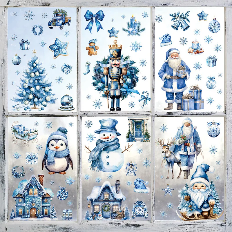 6 hojas de pegatinas navideñas de Papá Noel azul para ventana, pegatina de pared de hombre de jengibre y Reno, pegatina decorativa para el hogar, Navidad