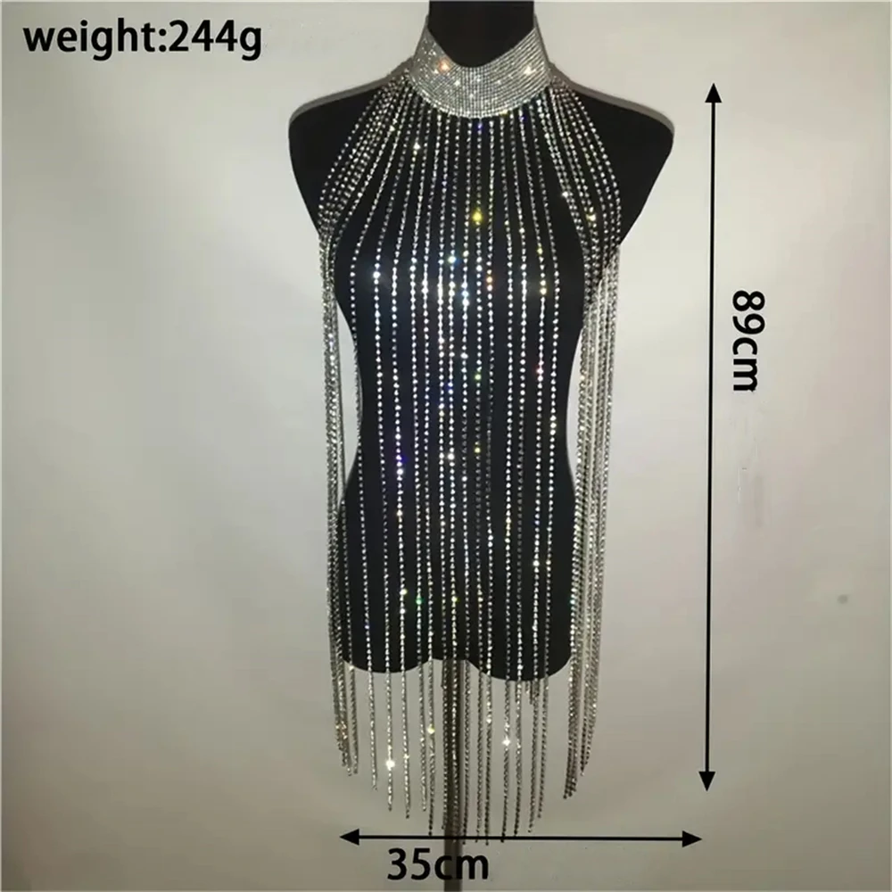 Sexy Shiny Long Tassel Rhinestone Body Chain Jewelry Fashion Romantic Banquet Party Crystal Body Chest Chain Jewelry Accessories