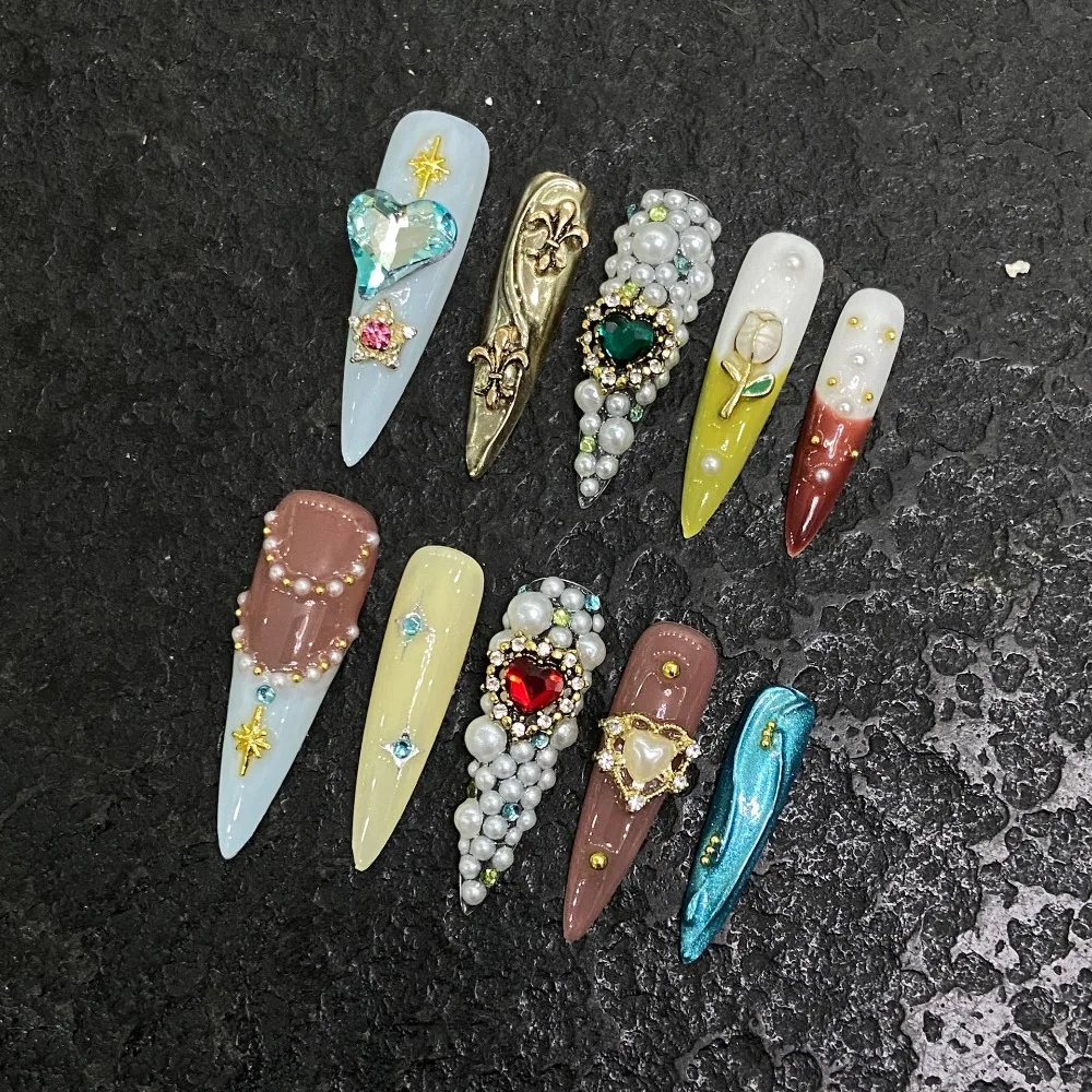 10 Pieces Retro Palace Baroque Luxury Style Handmade Press On Nails Pearls Stars Diamonds Tulips Art Fake Nails Reusable