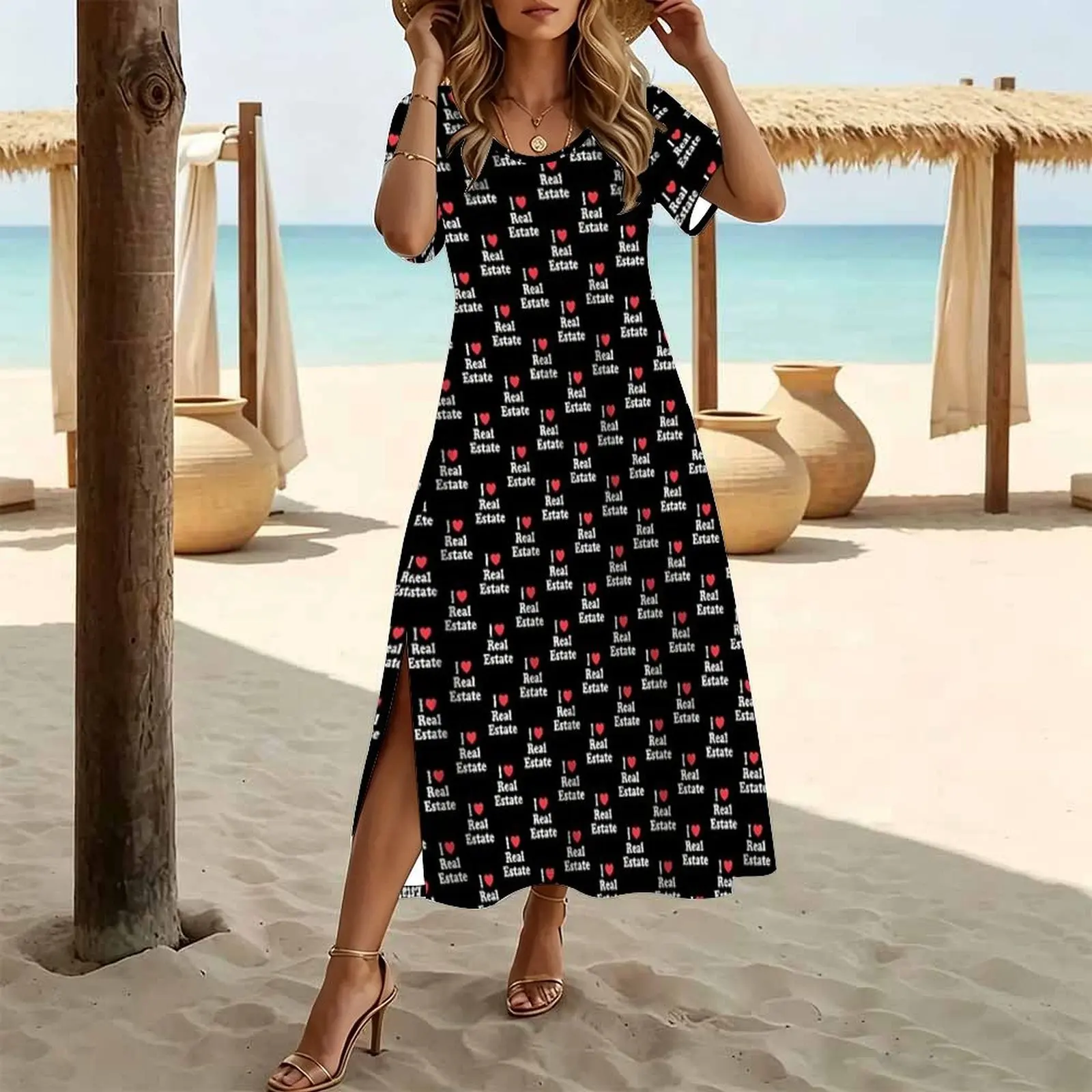 I Love Real Estate - I Heart Real Estate Women's Round Neck Short Sleeve Split Long Dress