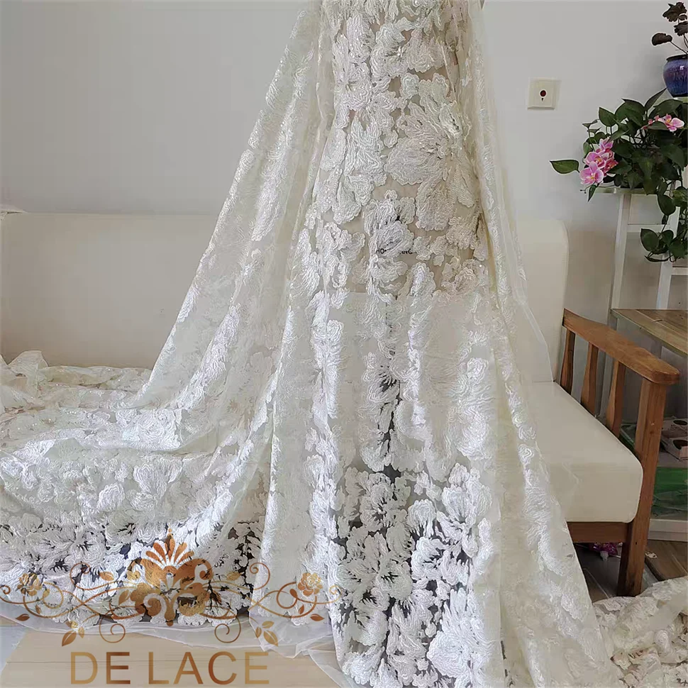 

JZQ Gorgeous Shining Sequins Lace Handmade Embroidery Flower Wedding Dress Fabric New Style Mesh Fabric