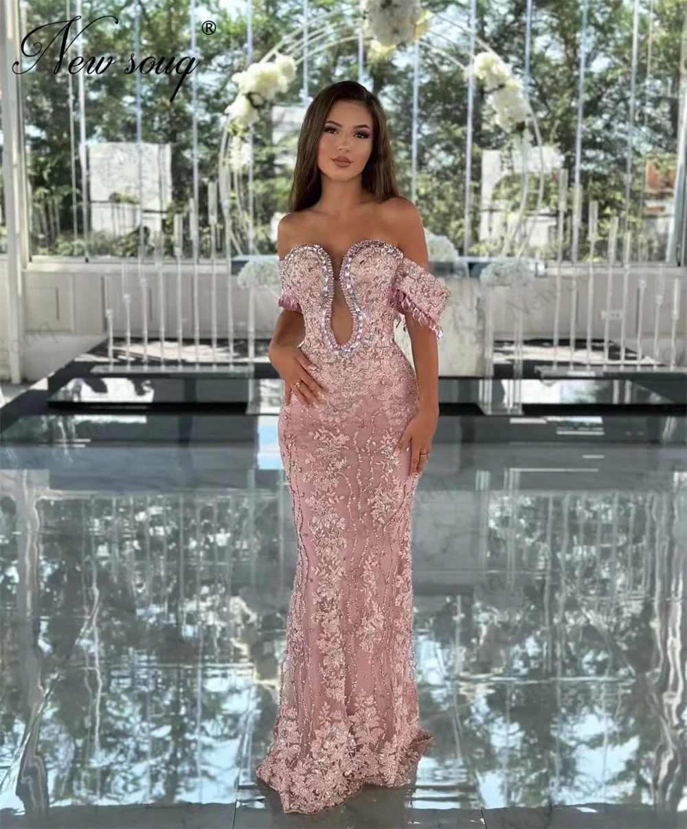 Elegant Lace Appliques Evening Dresses Haute Coutures Pink Off Shoulder Wedding Party Dress Dubai Mermaid Prom Dress Robes 2024