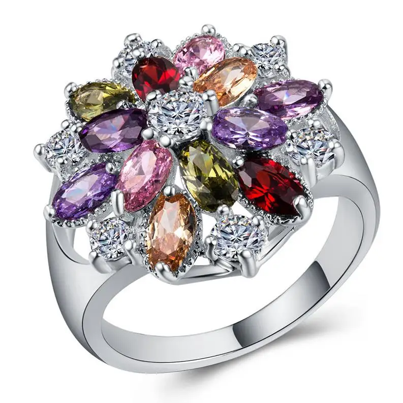 Flower Collection ! Exquisite Colorful Cubic Zircon Flower Engagement Ring For Women Party Jewelry Hand Accessories Size 6-10