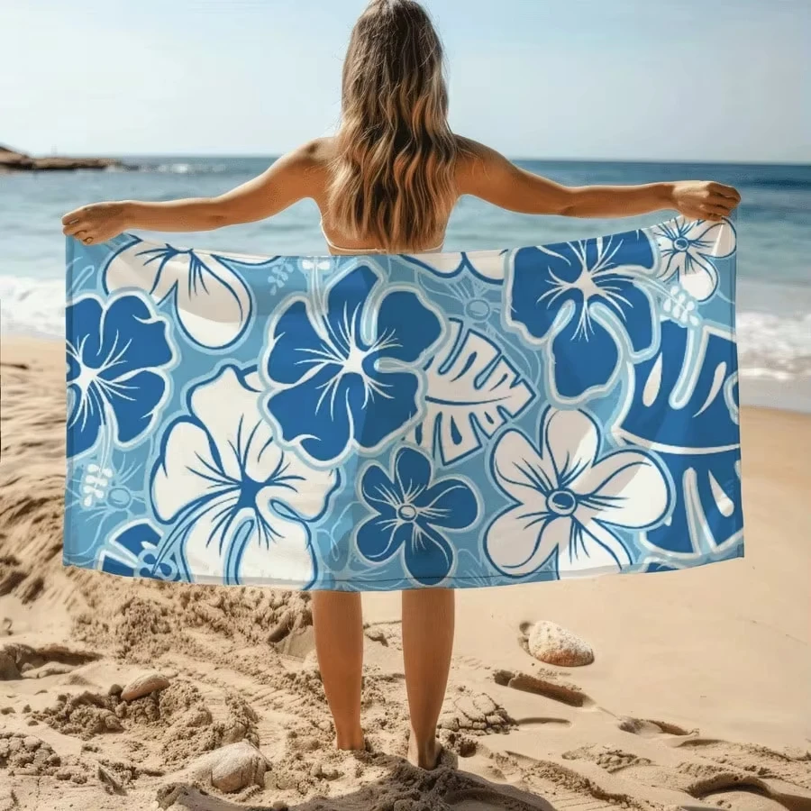 Meeresblaues Kuwait-Strandtuch aus Fasermaterial, schnell trocknend, sandabweisend, waschbar, Strandtuch mit tropischen Blumen, ideales Geschenk
