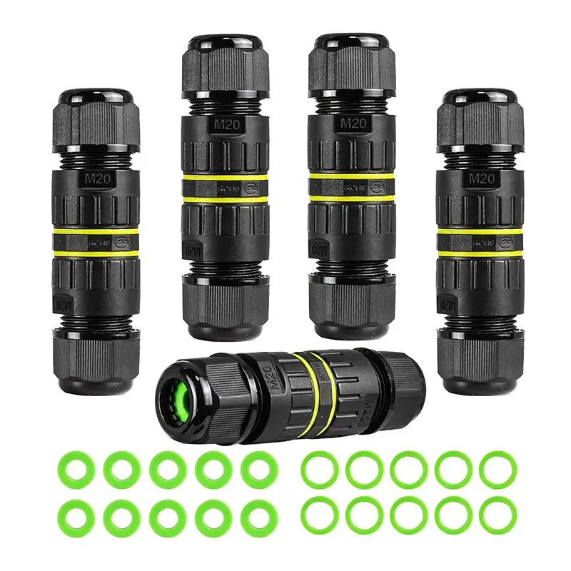 A64K 5Pc IP68 Waterproof 2 Way 3-Core Junction Box Electrical Cable Connector M20 Wire Range(5-12mm),for Outdoor Repair