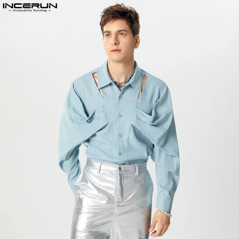 

INCERUN Men Autumn New Shirts Lapel Collar Hollow Out Solid Color Bow Knot Ruffled Long Sleeve Blouse Office Streetwear Tops