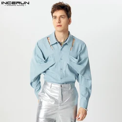 INCERUN Men Autumn New Shirts Lapel Collar Hollow Out Solid Color Bow Knot Ruffled Long Sleeve Blouse Office Streetwear Tops