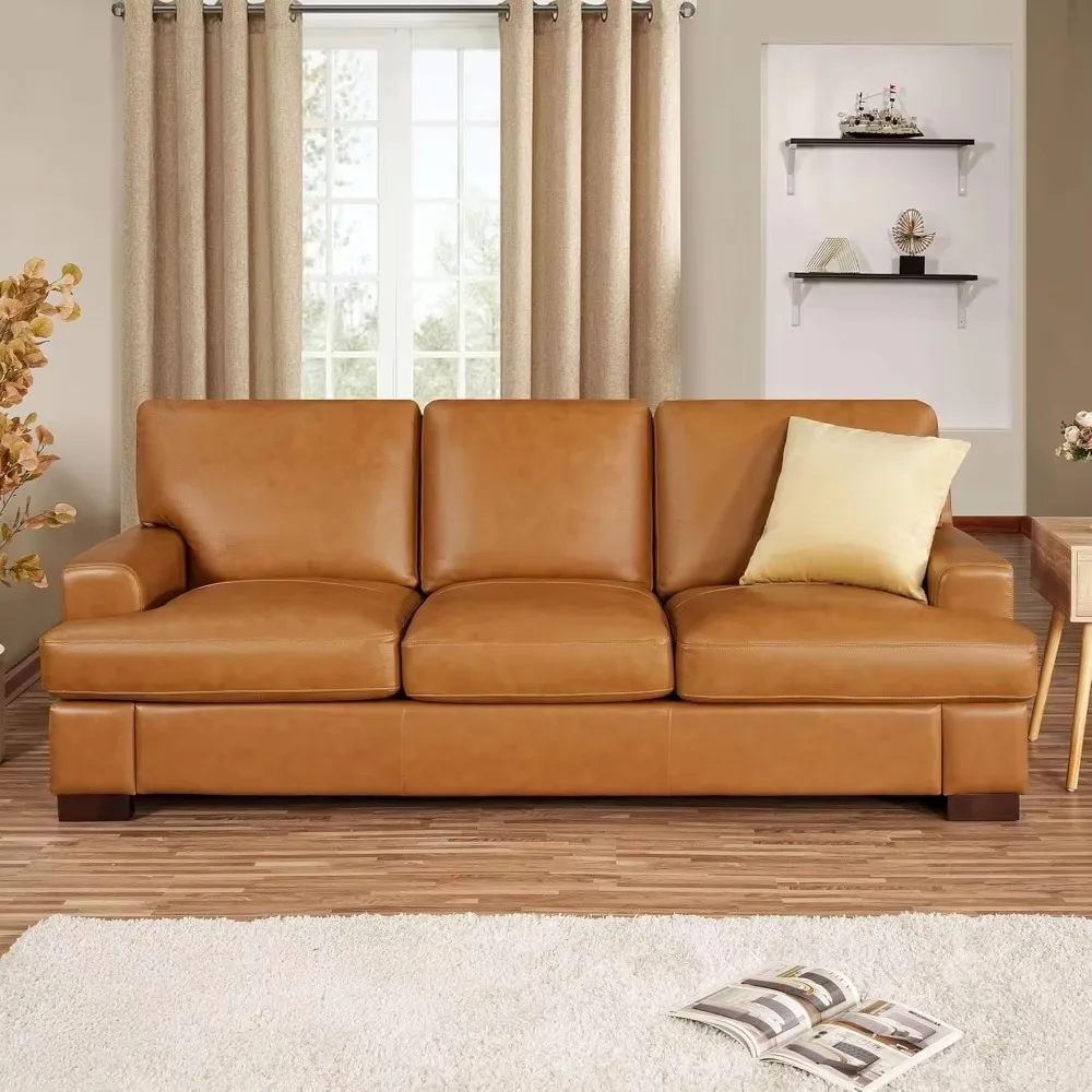 Siggy leather sofa, goose feather cushion padding, square arm design, sturdy block legs, perfect for living room, office