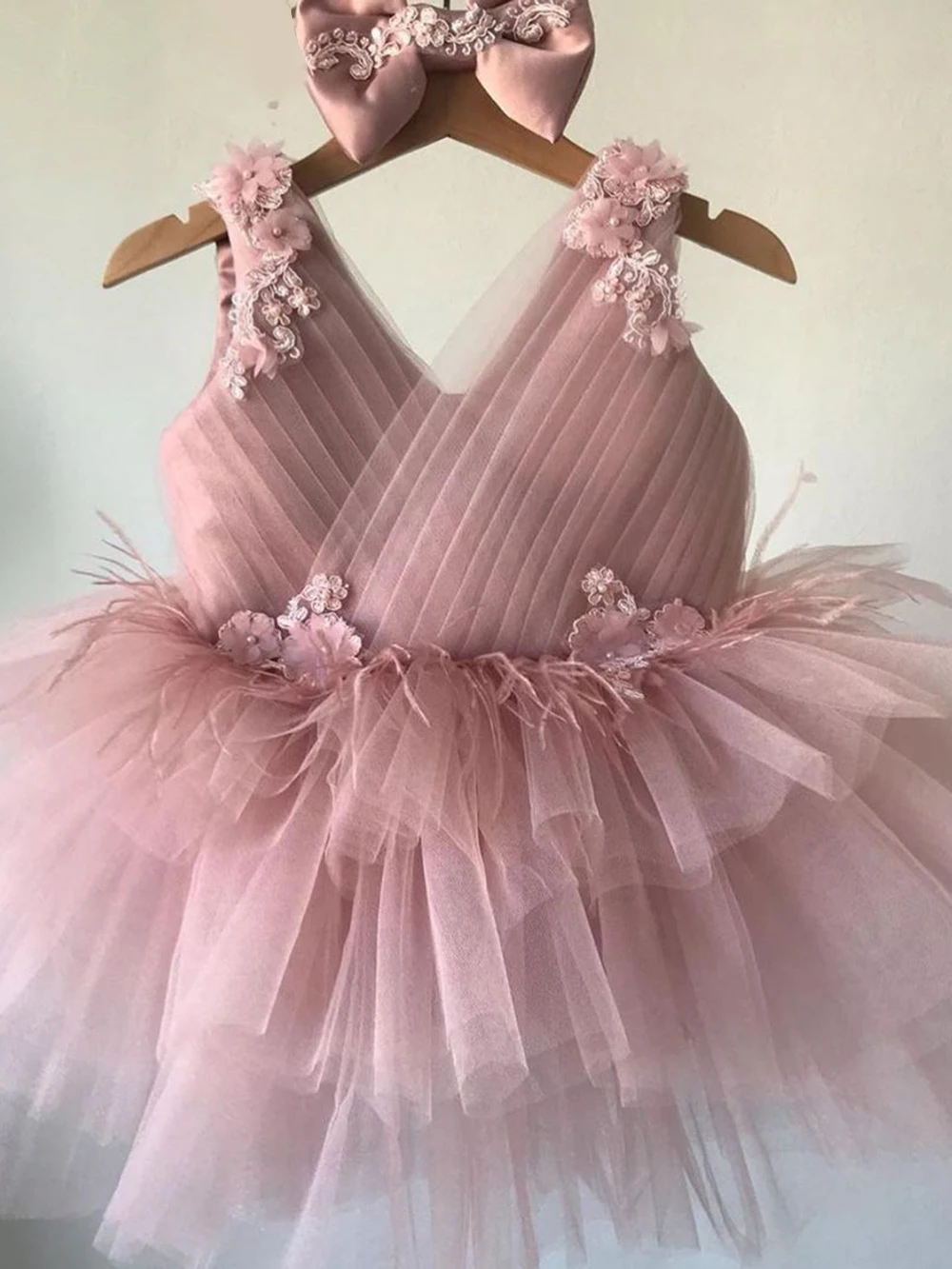 Applique Pink Flower Girl Vestidos com Arco, Tulle Puffy Vestidos de Princesa Sem Mangas, Vestidos de Primeira Comunhão, Birthday Party Ball Gowns