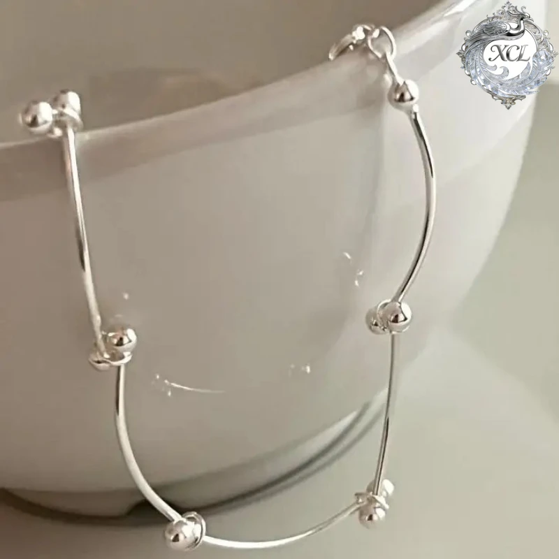 

XCL 100% Real 925 Sterling Silver Folding Thin Line Beads Bracelet, Simple Dainty Stackable Bracelet, Fine Jewelry for Women