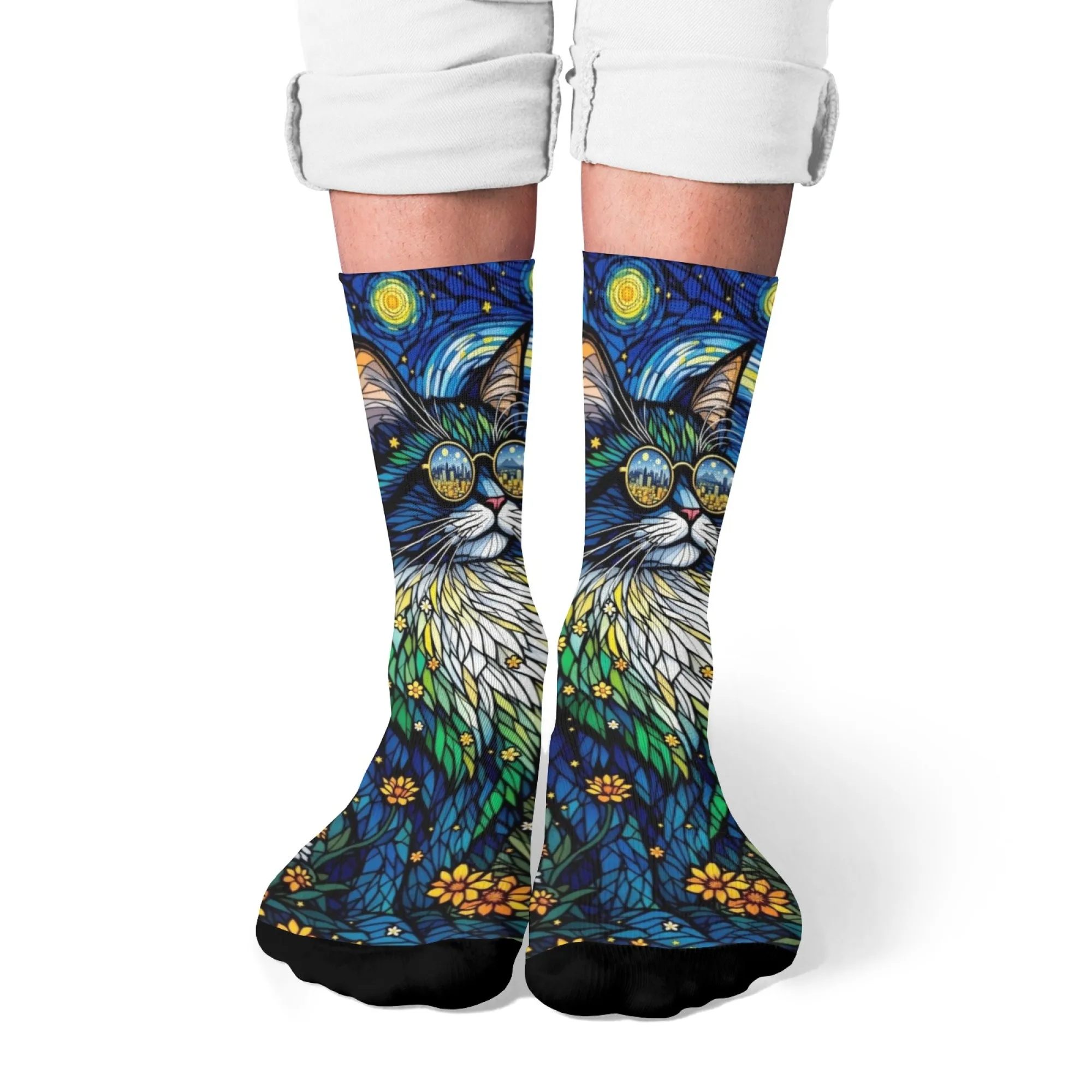 Nuit étoilée Floral chat hommes chaussettes nouveauté Van Gogh Art chaussettes Harajuku Style confortable décontracté mode drôle chaussettes unisexe cadeau