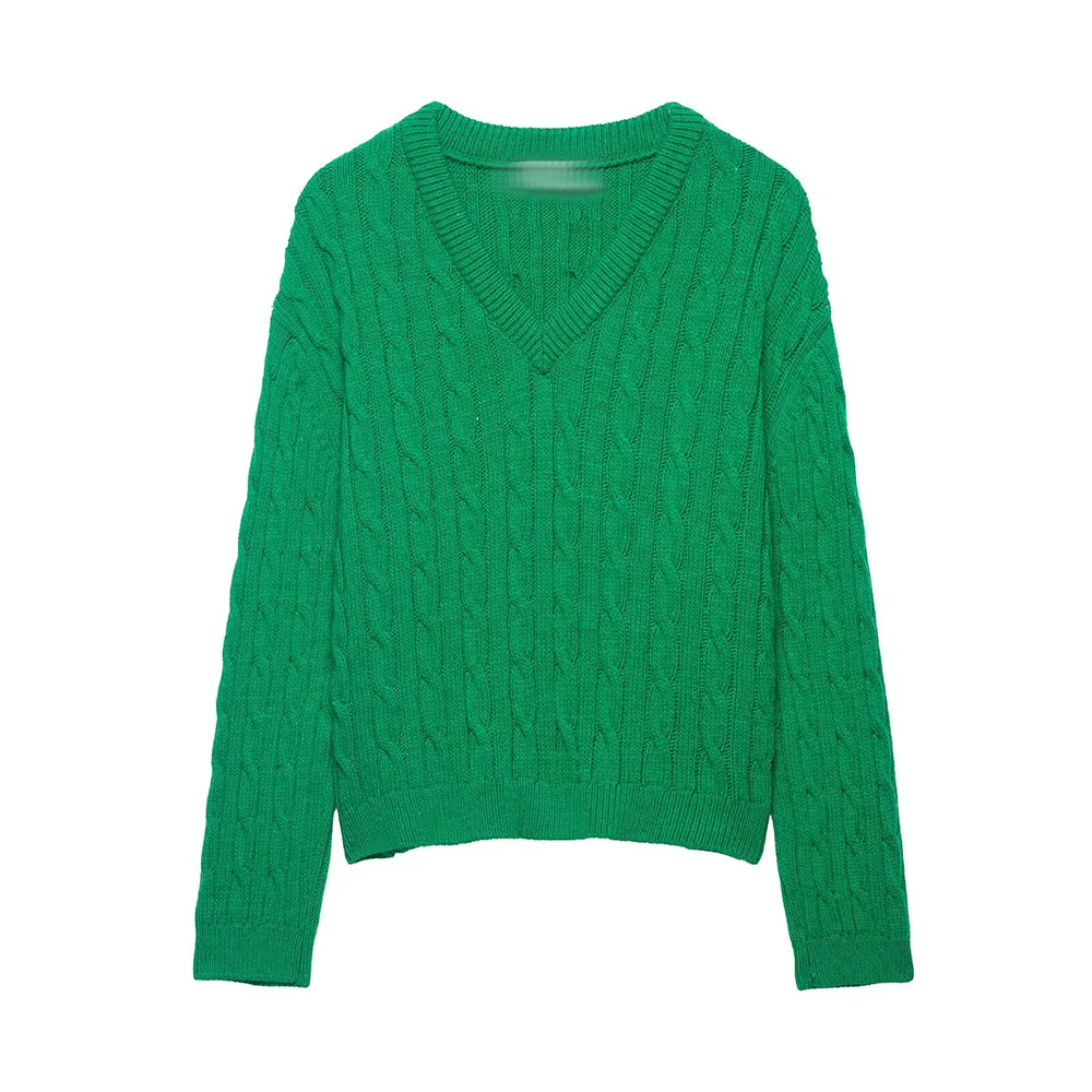 

WOMEN 2026 Summer New Fashion Eight-strand Knitted Sweater Retro V Neck Long Sleeve All-match Casual Female Pullovers Chic Tops