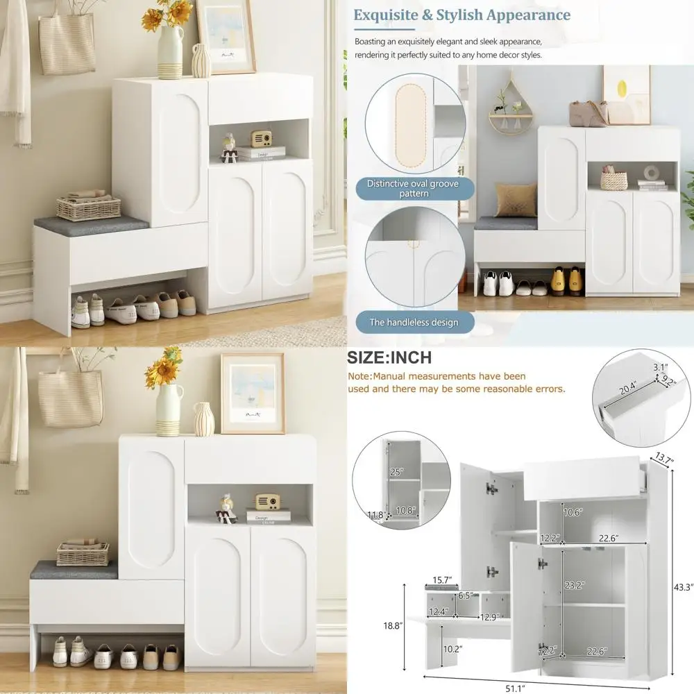 „Schuhaufbewahrungsbank mit Kissen, verstellbaren Regalen, gewölbten Türen, Rückprallscharnieren, Anti-Kipp-Funktion, 51“ für Flur und Wohnen