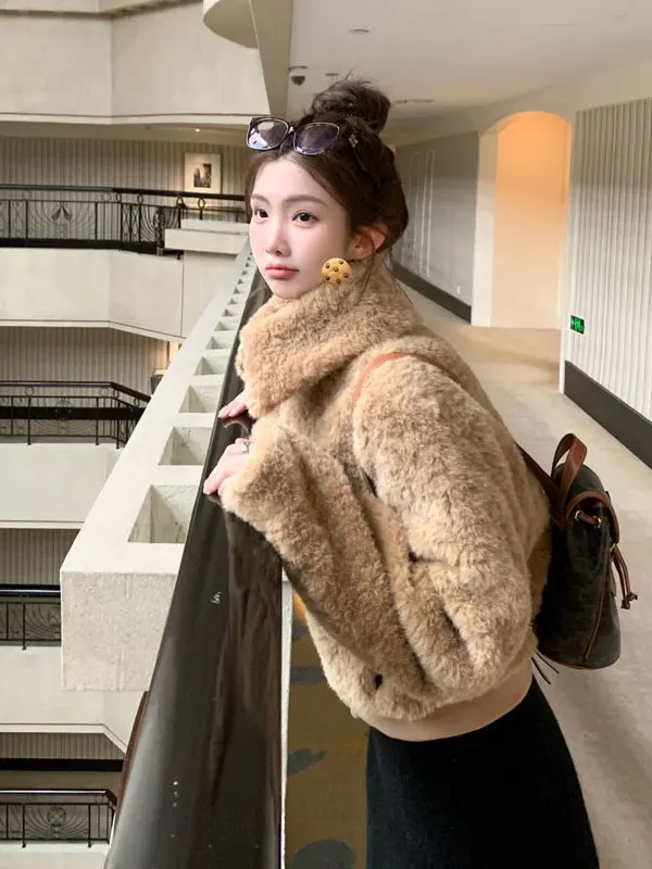 

Корейское ретро-пальто с теплым воротником, экологичное, модное, женская верхняя одежда для весенне-осеннего сезона