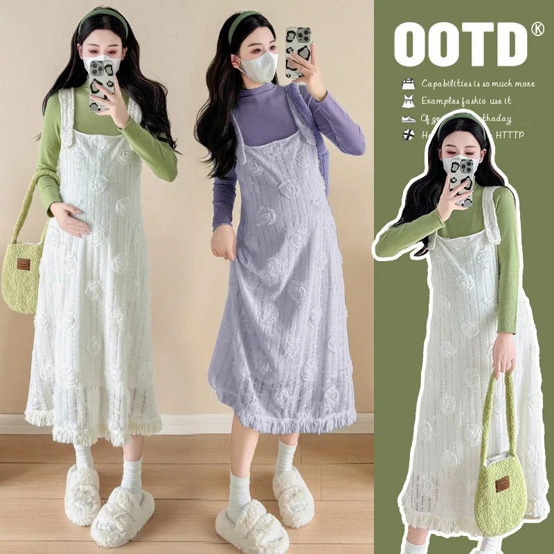 

Dopamine Style Maternity Set Fashionable Belly Cover Vest Dress with Sweet Base Layer Trendy Two Piece Autumn Outfit