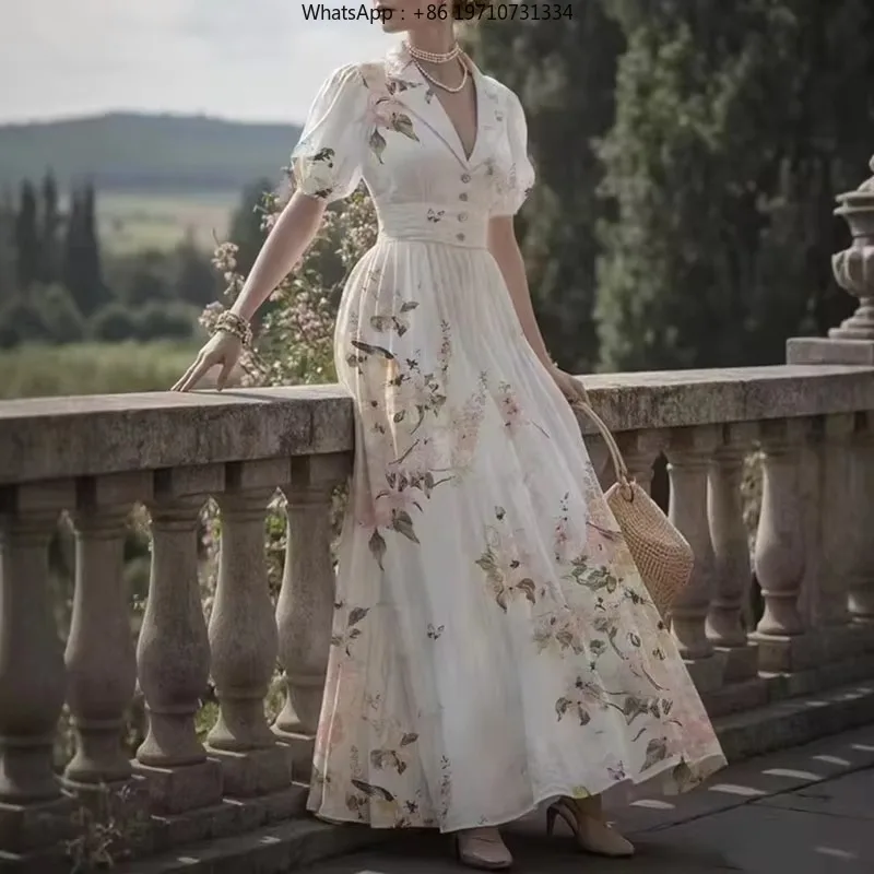 Palace Style Floral Print Vintage Long Dress Woman Elegant V Neck Button High Waist Party Dress Lantern Sleeve Summer Maxi Dress