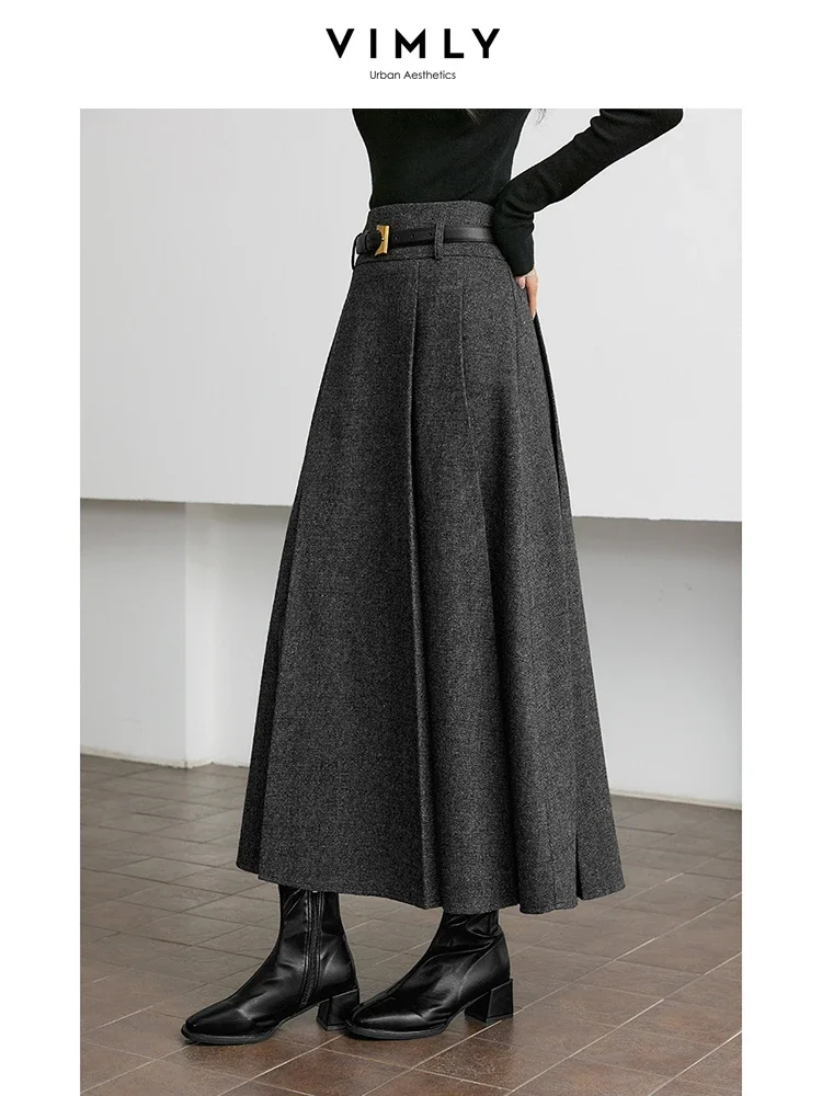 VIMLY Elegant Simple 37.2% Wool Blended Pleated Skirt Winter High Waist Stereo Heavy Duty Skirt For Women Office Lady Clothes