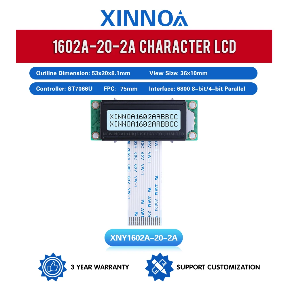 Gray Film Black Letters 1602A-20-2A Character LCD Screen 2*16 LCD FPC75MM 5V ST7066U 2 * 16 Industrial Grade Display Screen