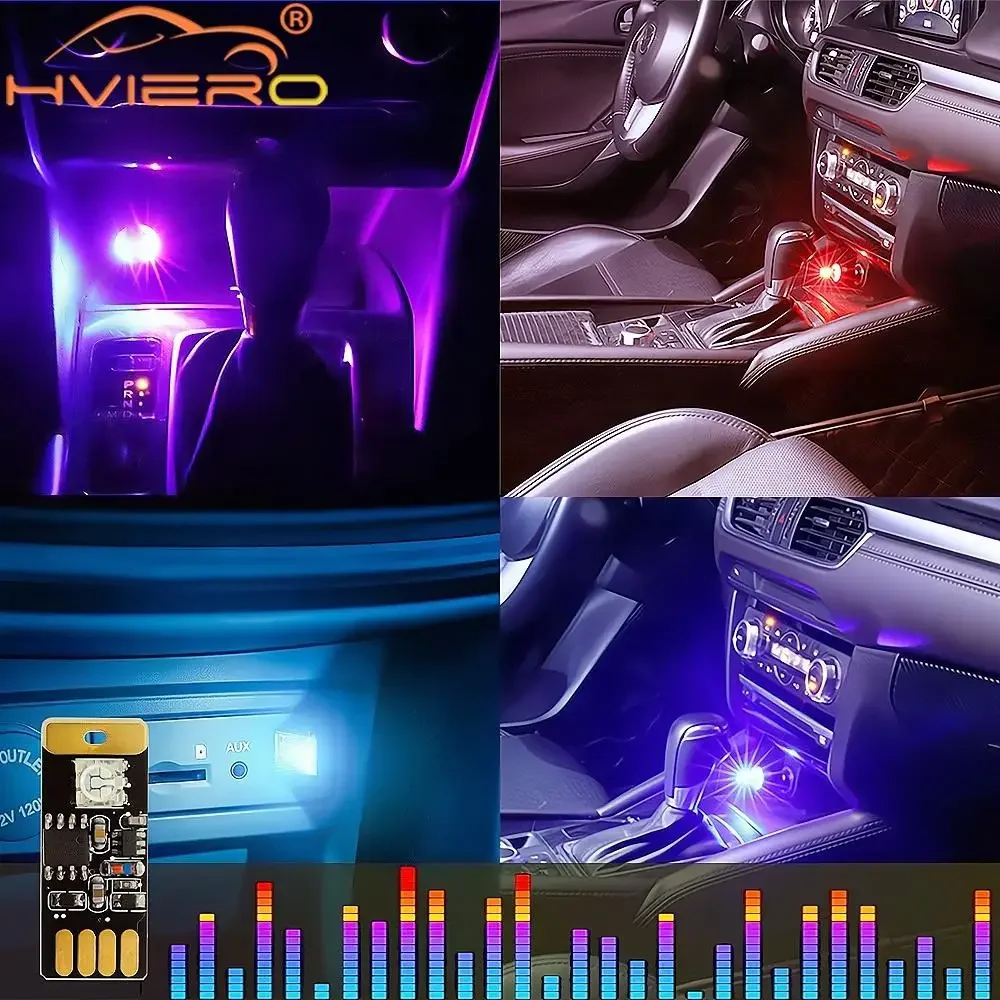 1X Car USB LED DC 5V Music Playing Dimmable Light Atmosphere Decorative Lamp Lighting Portable Plug and Play RGB Voice Activated