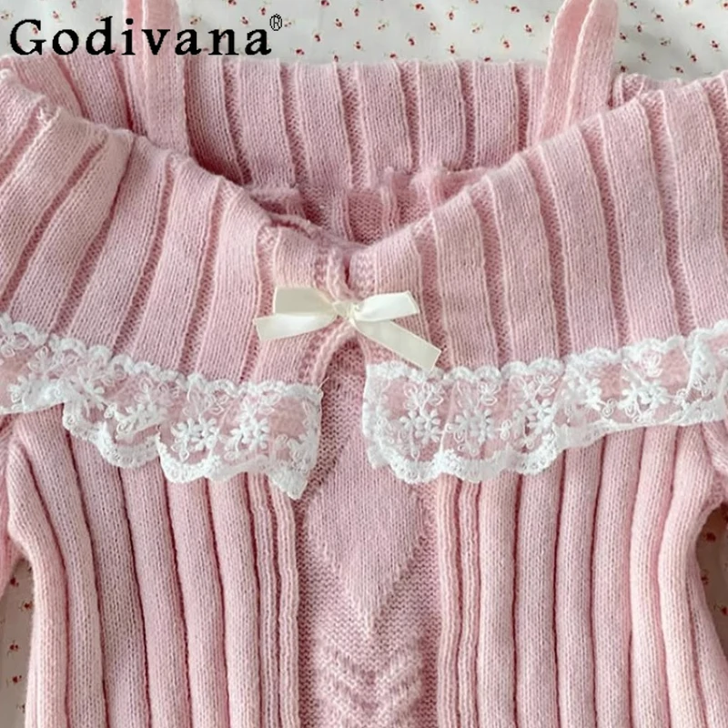 가을 새로운 아름다운 리본 스웨터 여성용 오리지널 프렌치 패션 달콤한 스웨터 여성용 긴 소매 핑크 레이스 로리타 스웨터