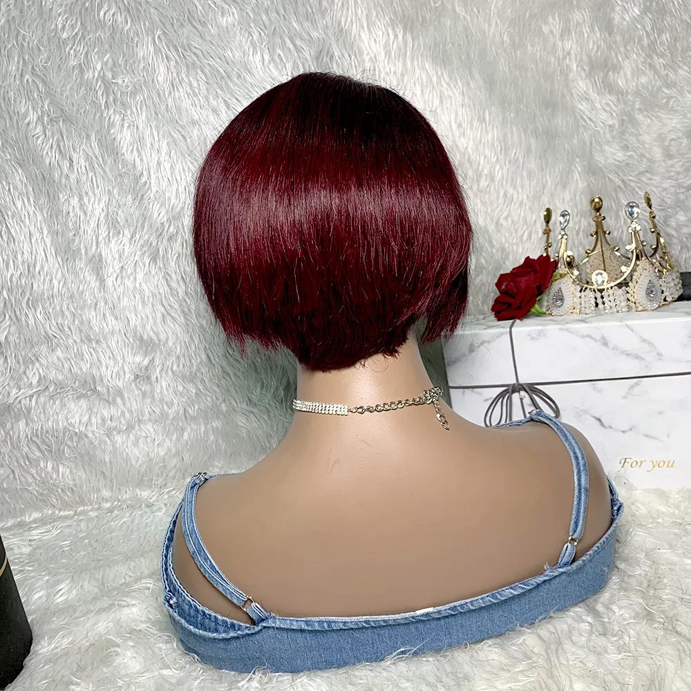 99J バーガンディ ピクシーカット レースフロントウィッグ 人毛 13x4x1 パート レースウィッグ ブラジル産 ショートストレート人毛ウィッグ 黒人女性向け