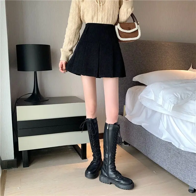 Winter Simplicity Pleated Solid Color High Waist Mini Dress Women Clothes Preppy Style Zipper Skirt Femme Casual Thick Pleats