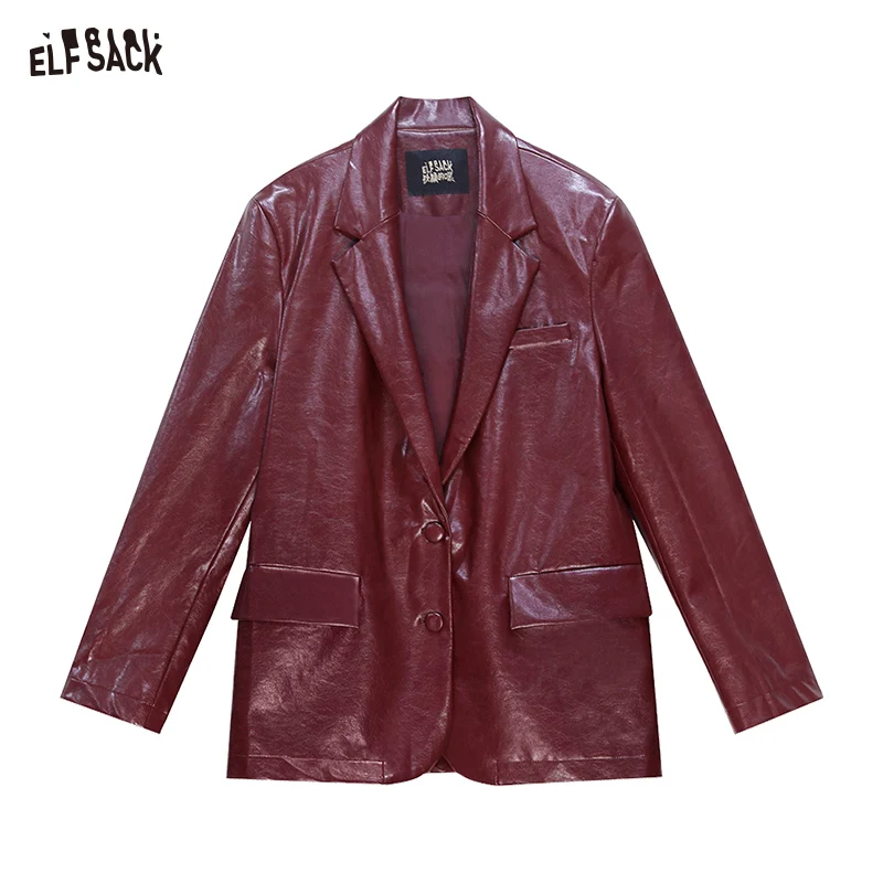 ELFSACK 2024 Autumn New Arrive Angora red PU leather suit for women, high-end retro casual jacket