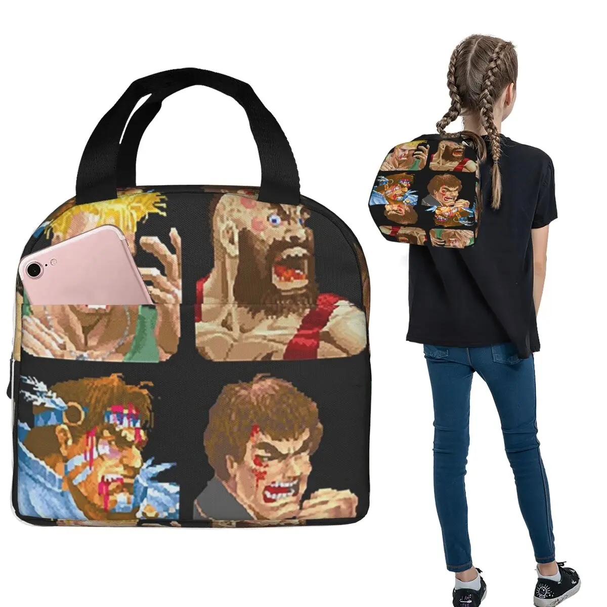 Defeated Portraits Super Street Fighter Insulated Lunch Bag for Women Kids Portable Food Boxes Thermal Lunch Box Tote