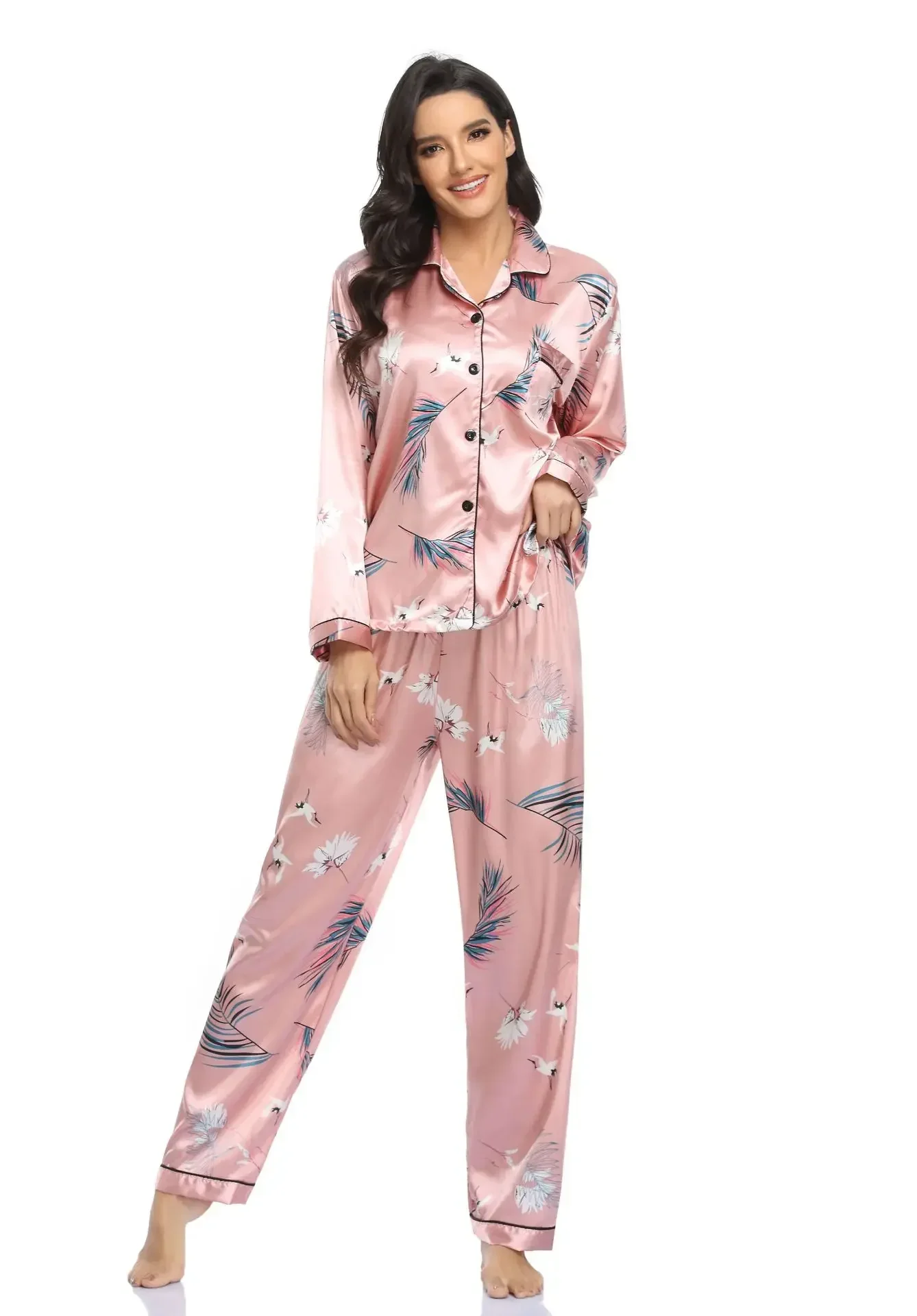 Conjunto de pijamas de manga comprida feminino, seda sintética, pijamas cetim, botões, primavera, verão, Homewear, estampa, 2 peças